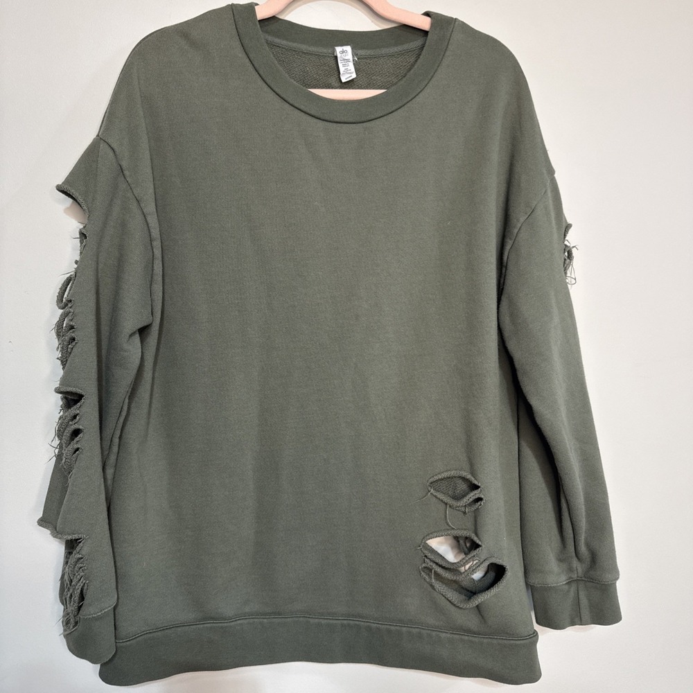 ALO Yoga Fade Distressed Pullover Crewneck‎ Sweatshirt Womens Size M Green #094 - Picture 12 of 16